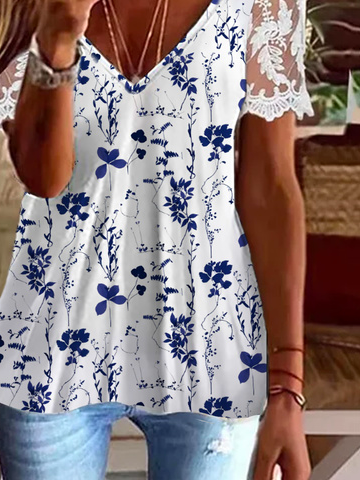 Women's Floral Short Sleeve Blouse_ Summer Lace V Neck Daily Casual Top ...