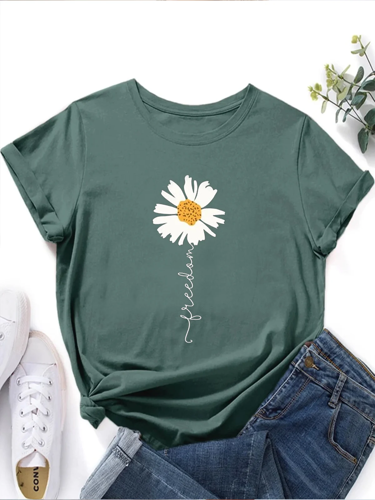 Crew Neck Floral Vacation Loose Floral & Letter Graphic T-Shirt ...