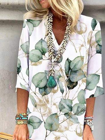 Women's Leaf Three Quarter Sleeve Summer Dress V Neck Daily Vacation Mini Tunic H-Line Dress