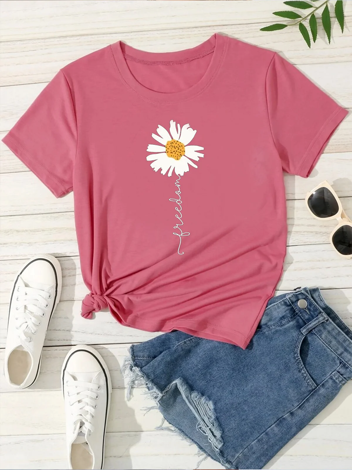Crew Neck Floral Vacation Loose Floral & Letter Graphic T-Shirt ...