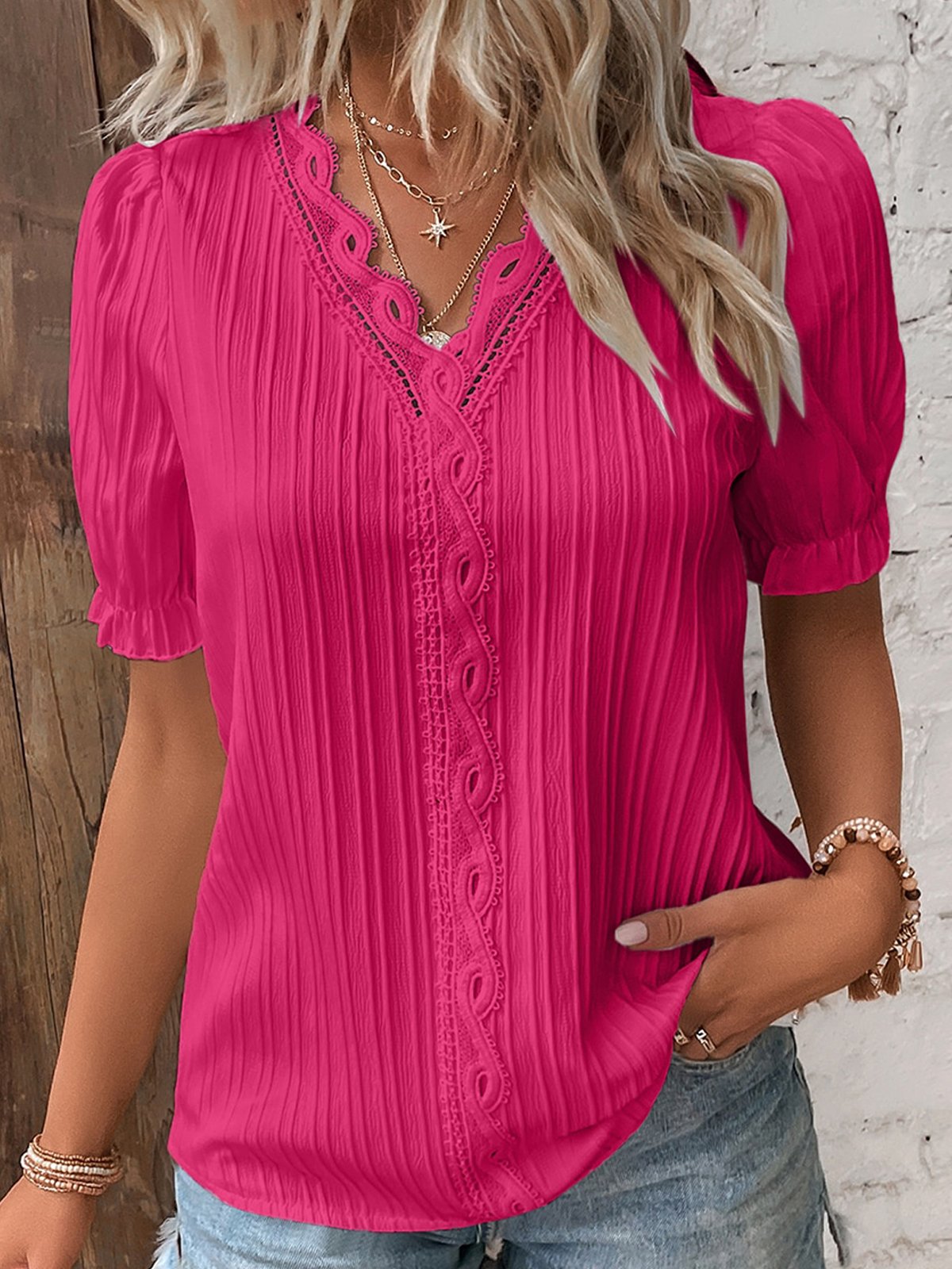 V Neck Plain Lace Elegant Blouse