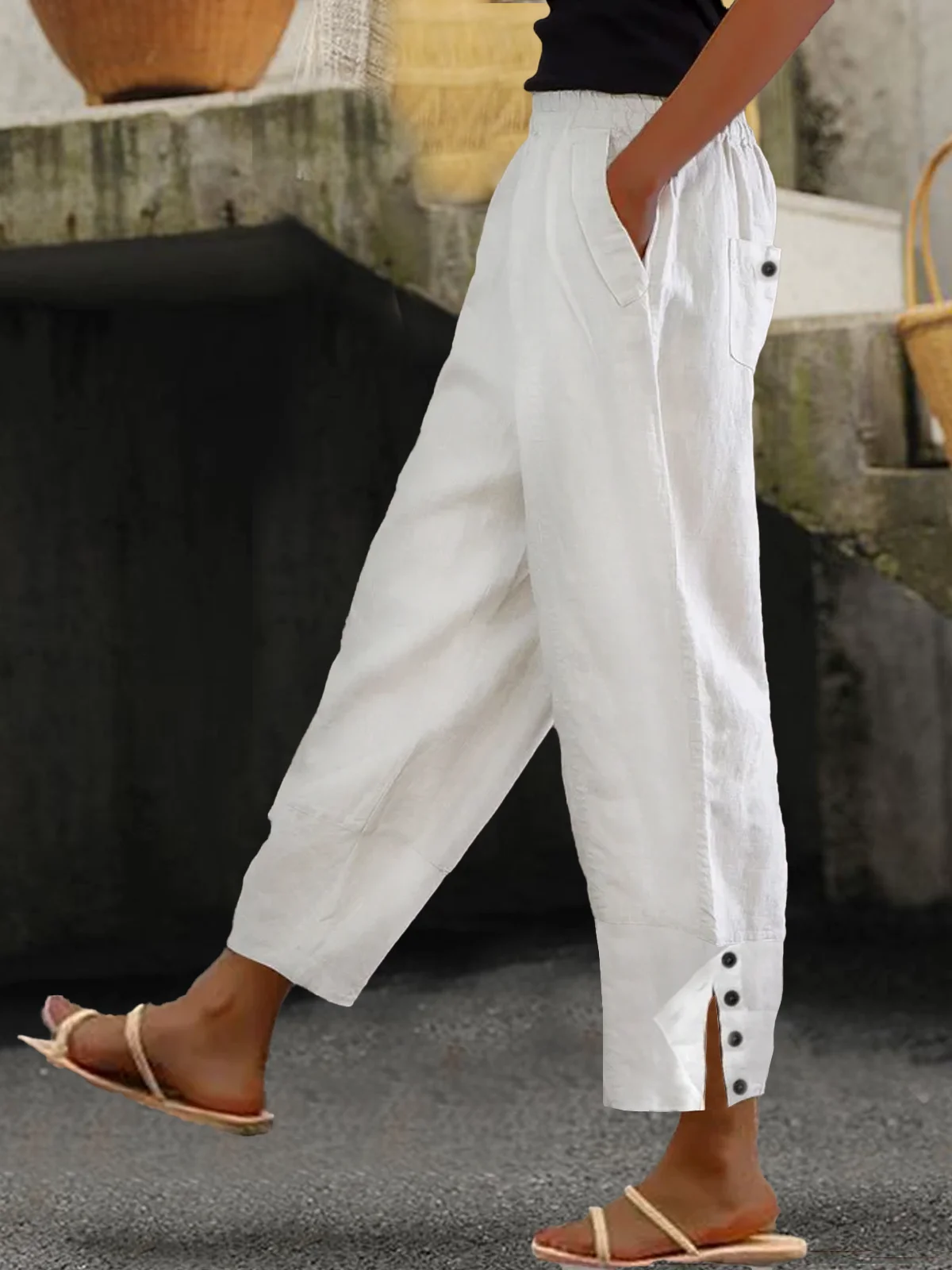 Loose Buttoned Cotton And Linen Linen Pants | justfashionnow