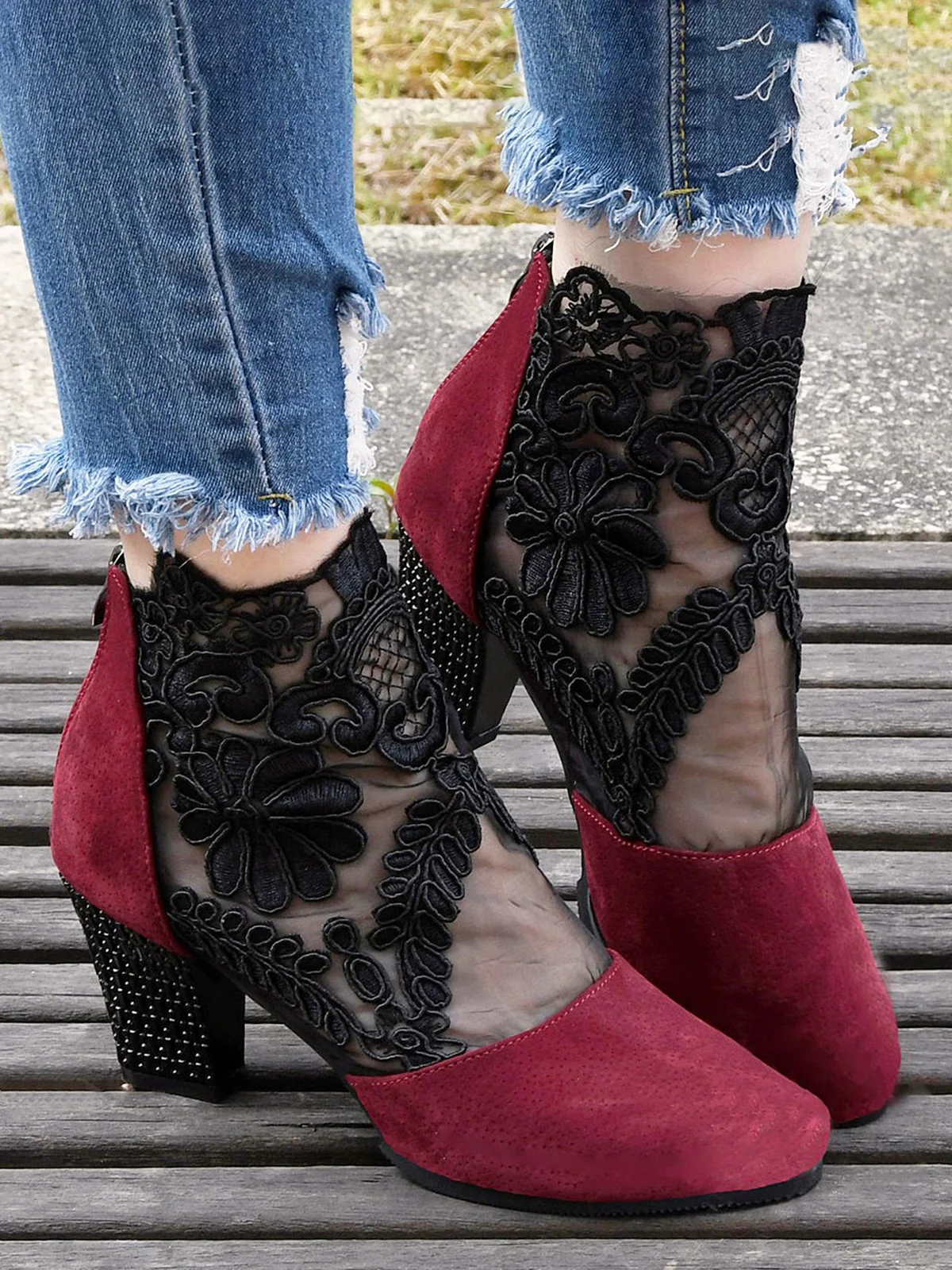 Lace Split Joint Chunky Heel Sandals Boots with Back Zip