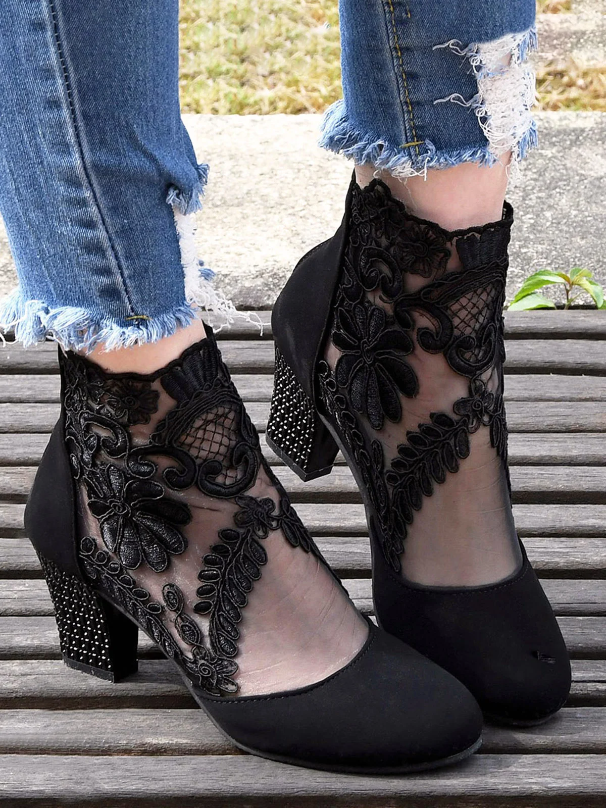 Lace Split Joint Chunky Heel Sandals Boots with Back Zip