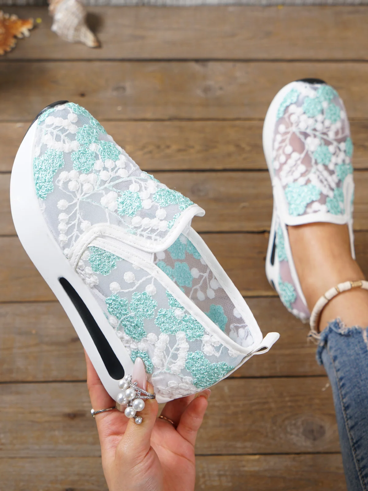 Floral Embroidery Breathable Platform Loafer Sheer Mesh Sneakers Hollow Out Tulle Comfortable Slip-On 