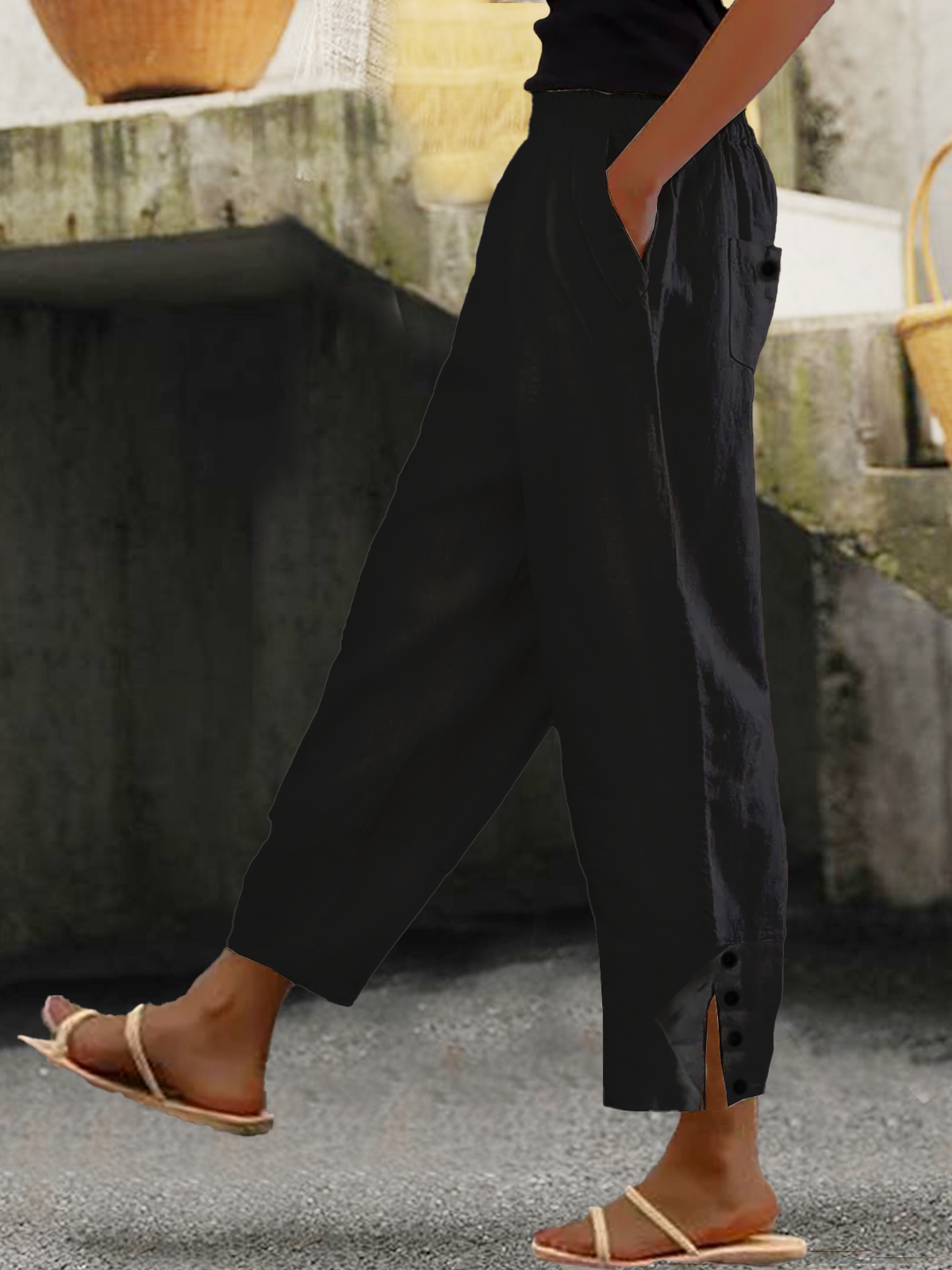 JFN Cotton & Linen Loose Buttoned Pants | justfashionnow