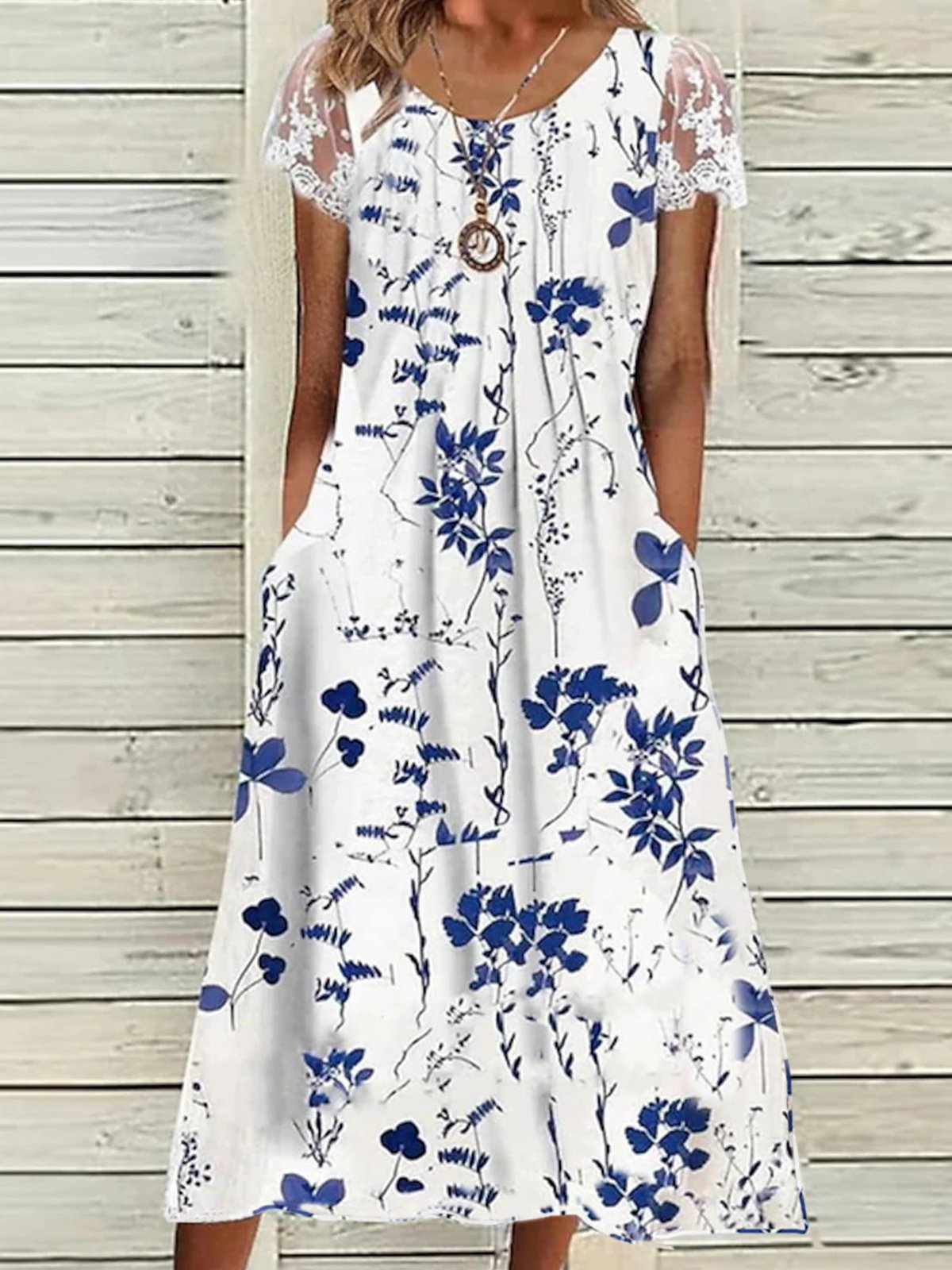 Women's Floral Short Sleeve Summer Lace Dress Crew Neck Daily Casual Maxi A-Line Dress