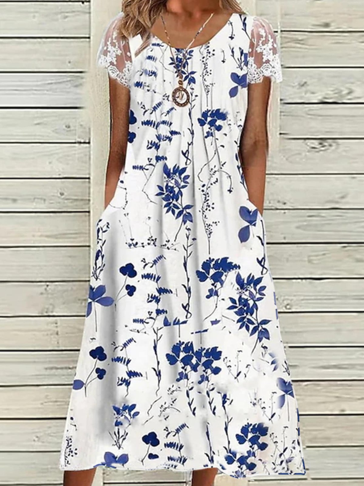 Women's Floral Short Sleeve Summer Lace Dress Crew Neck Daily Casual Maxi A-Line Dress