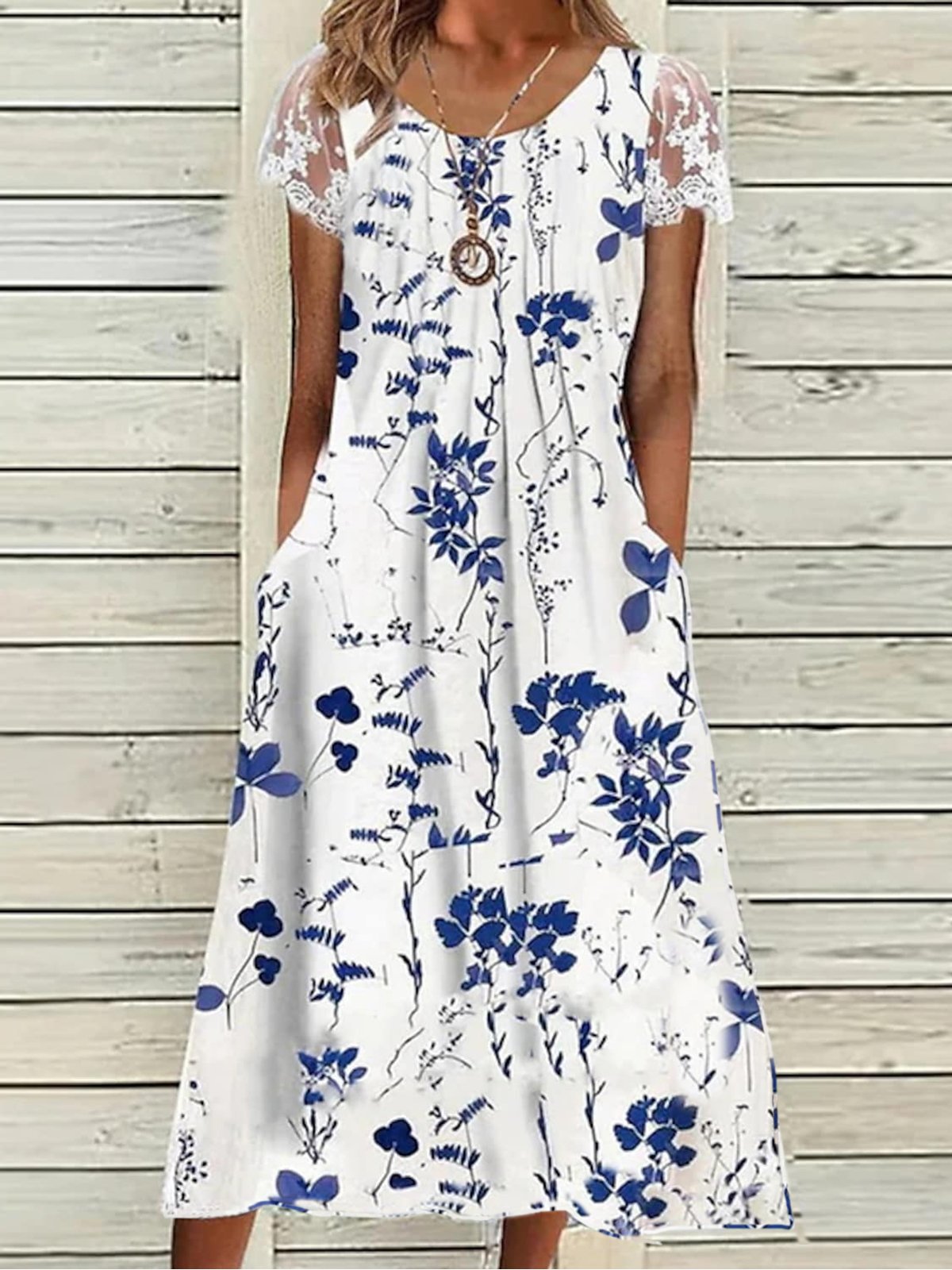 Women's Floral Short Sleeve Summer Lace Dress Crew Neck Daily Casual Maxi A-Line Dress