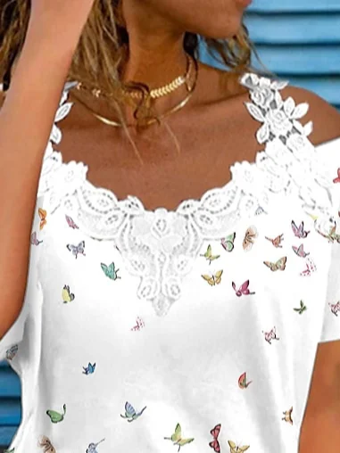 Casual V Neck Butterfly Lace Blouse
