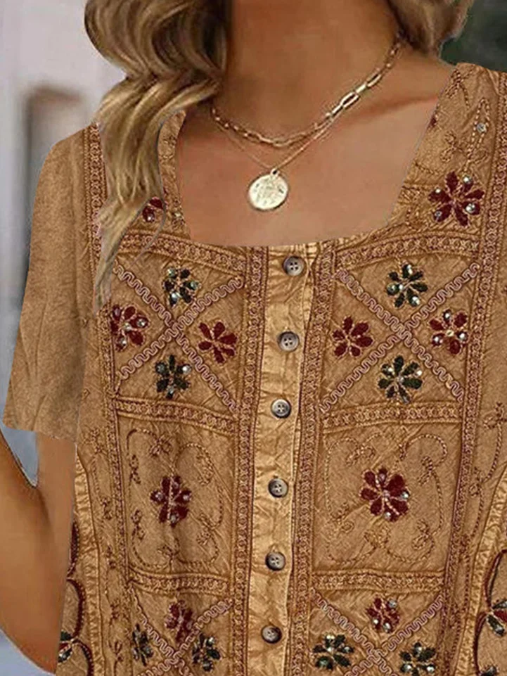 Square Neck Casual Ethnic Blouse