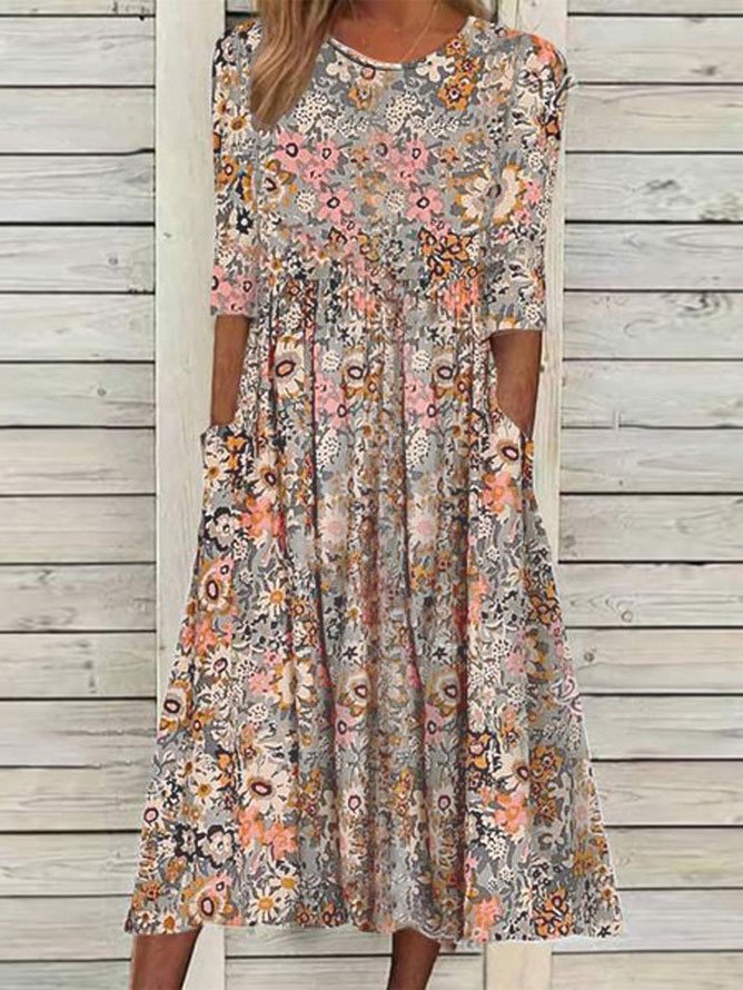 Loosen Casual Floral Short Sleeve Woven Dress | justfashionnow