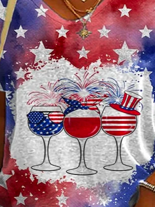 Loose America Flag Casual V Neck Women'S Star Wine Glass Print V-Neck Short-Sleeved T-Shirt