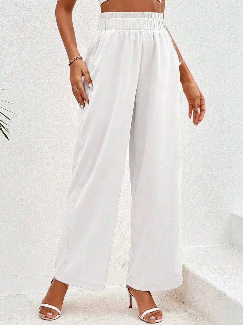 JFN Casual Plain Paperbag Waist Wide Leg Pants