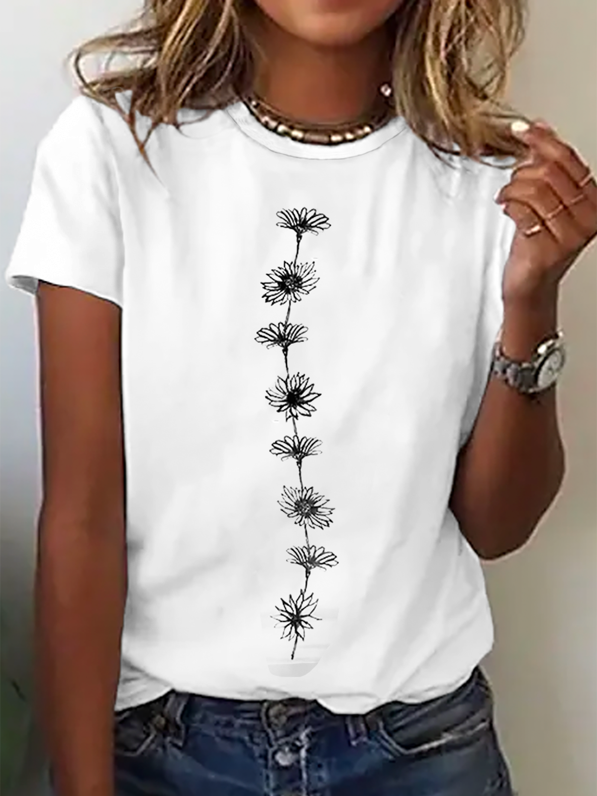 Women Floral Short Sleeve Tee T-shirt Crew Neck Casual Summer Top