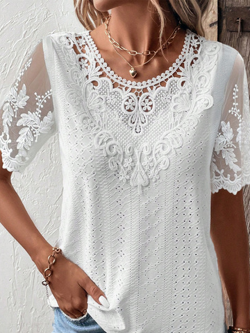 Crew Neck Casual Loose Lace Shirt | justfashionnow