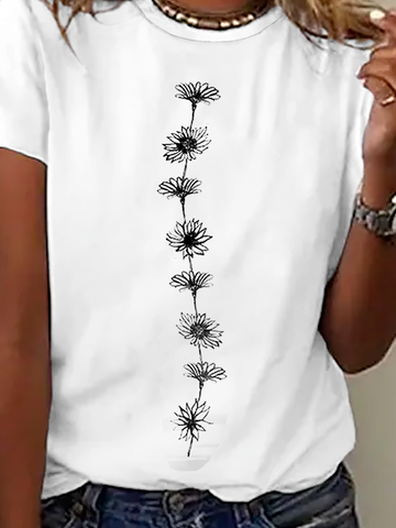Women Floral Short Sleeve Tee T-shirt Crew Neck Casual Summer Top