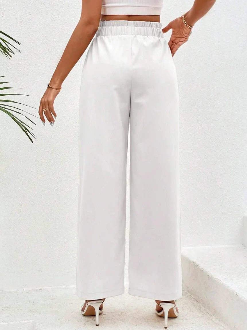 JFN Casual Plain Paperbag Waist Wide Leg Pants