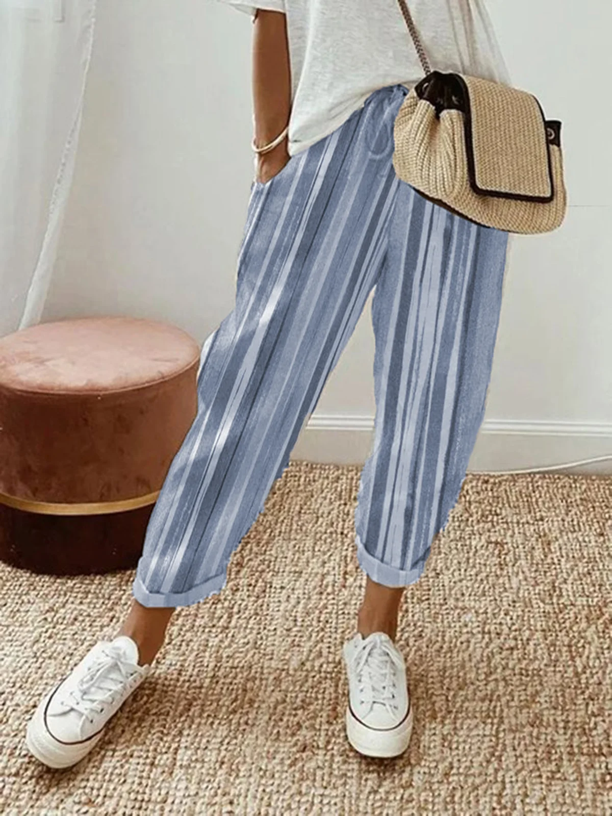 JFN Striped Casual Pockets Loose Elastic Waist Pants