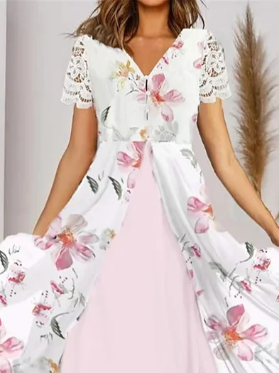 Elegant Lace Sleeve Floral V Neck Dress