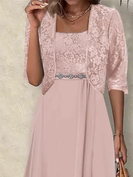 Plain Crew Neck Elegant Lace Two-Piece Set