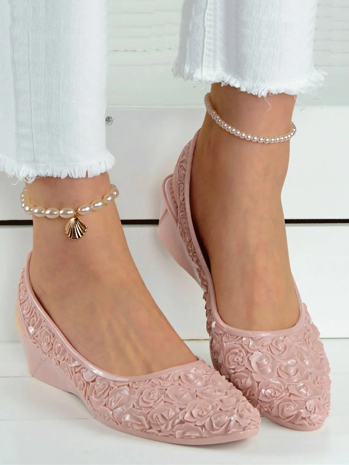 Waterproof Floral Wedge Heel Slingback Shallow Shoes