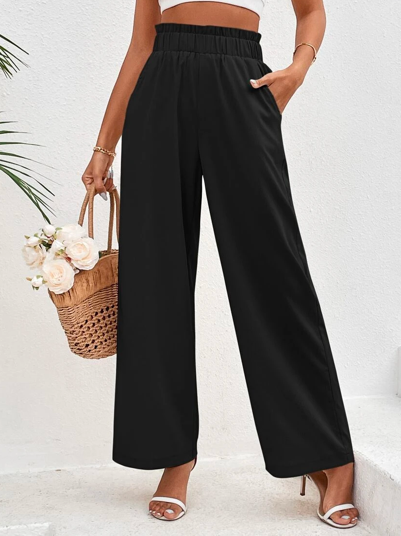 JFN Casual Plain Paperbag Waist Wide Leg Pants