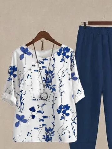 Women Floral Buckle Two-Piece Set Daily Three Quarter Sleeve Casual Spring/Fall Top With Pants Matching Set