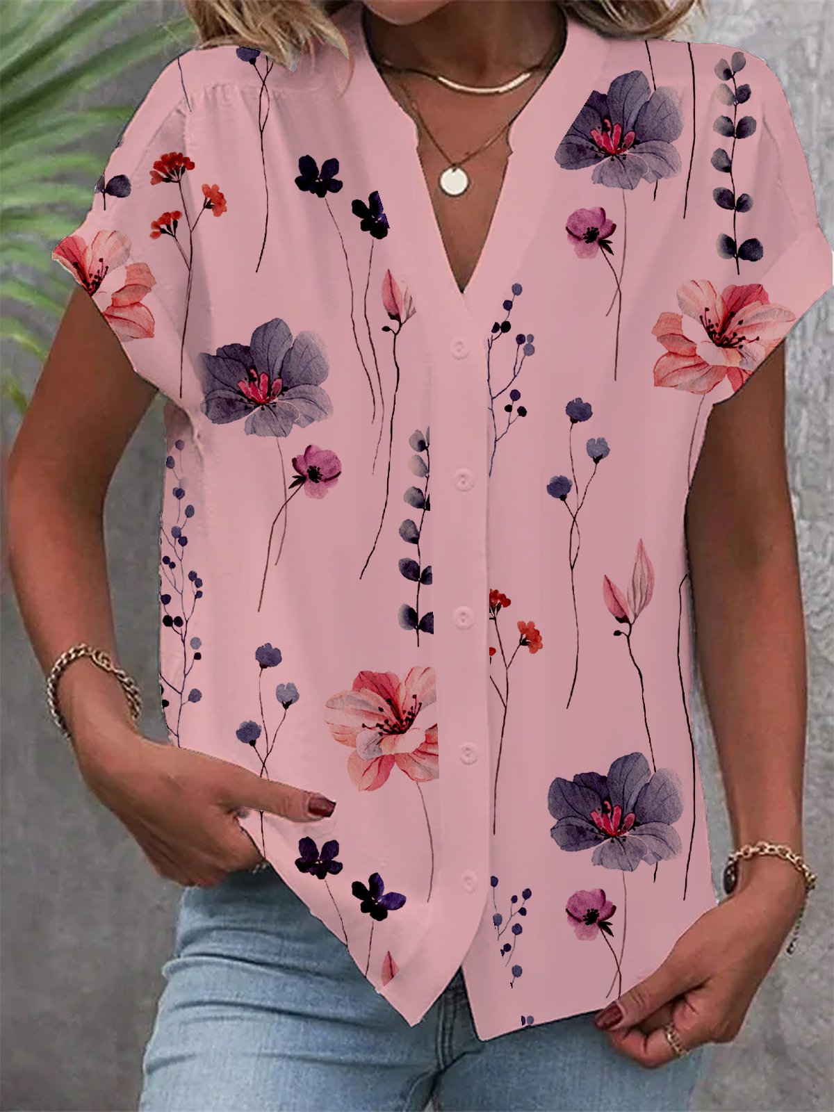 Buttoned Floral Loose Casual Blouse