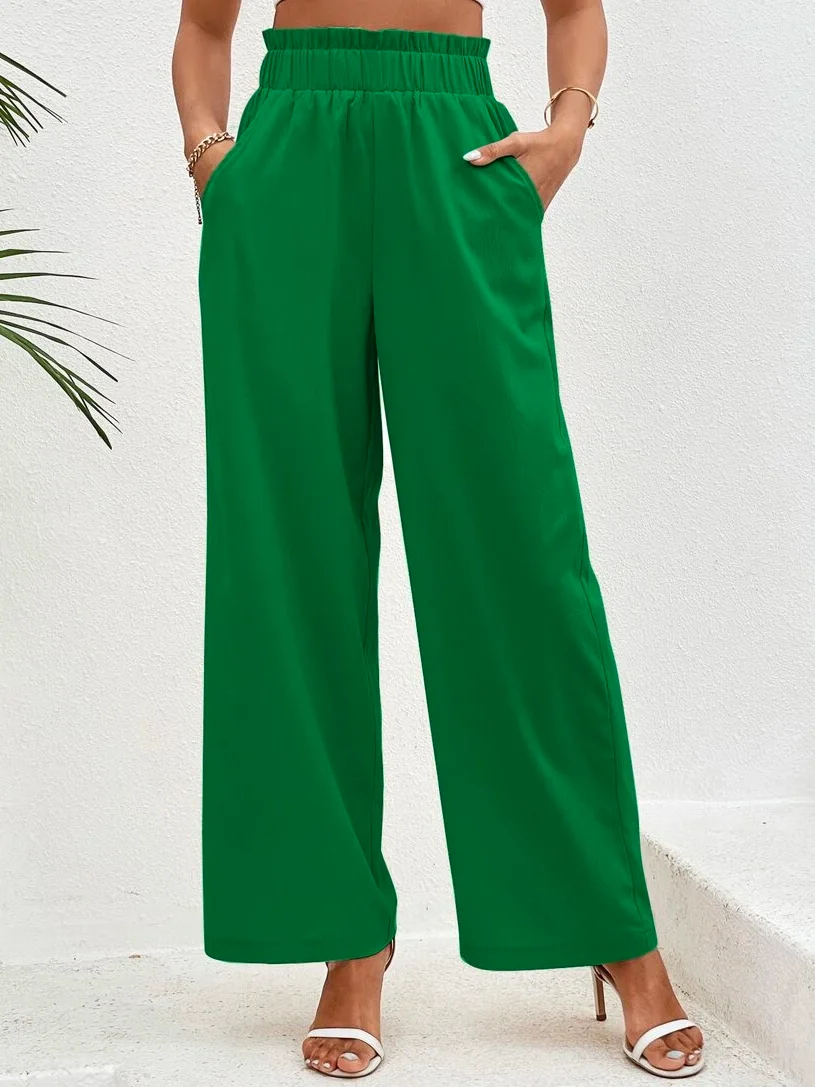 JFN Casual Plain Paperbag Waist Wide Leg Pants