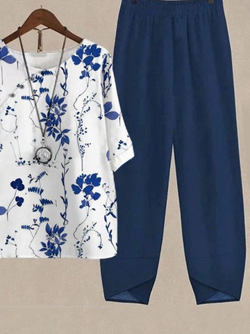 Women Floral Buckle Two-Piece Set Daily Three Quarter Sleeve Casual Spring/Fall Top With Pants Matching Set