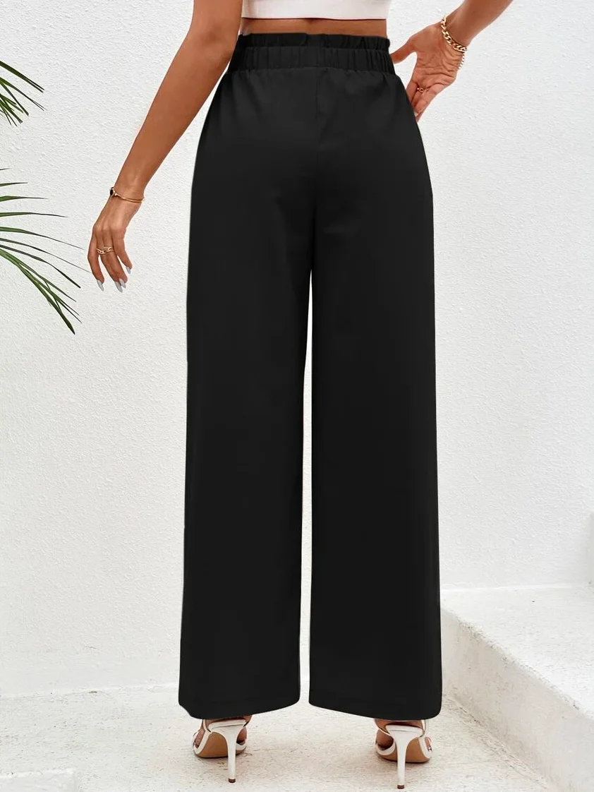 JFN Casual Plain Paperbag Waist Wide Leg Pants