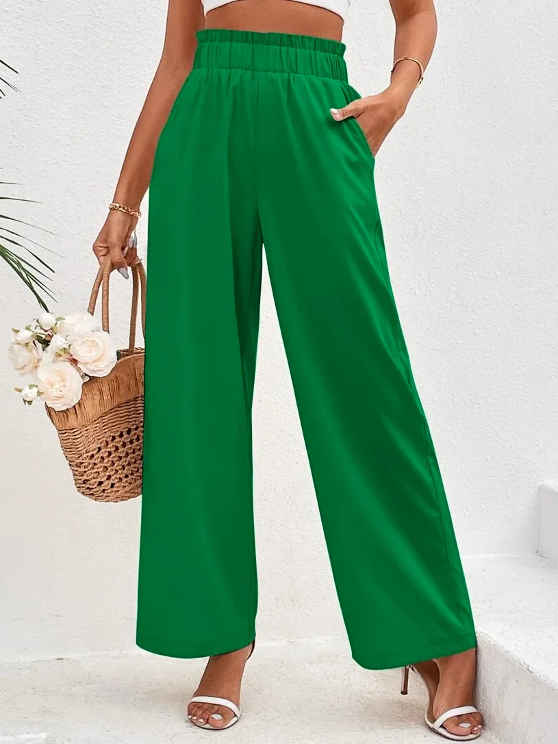 JFN Casual Plain Paperbag Waist Wide Leg Pants