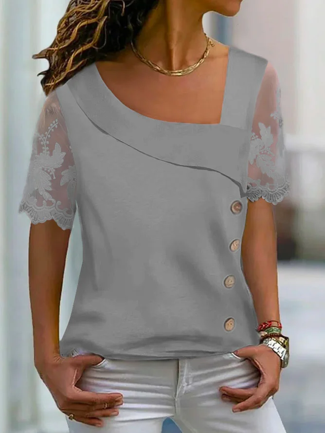 Casual Asymmetrical Neck Buttoned Mesh Blouse