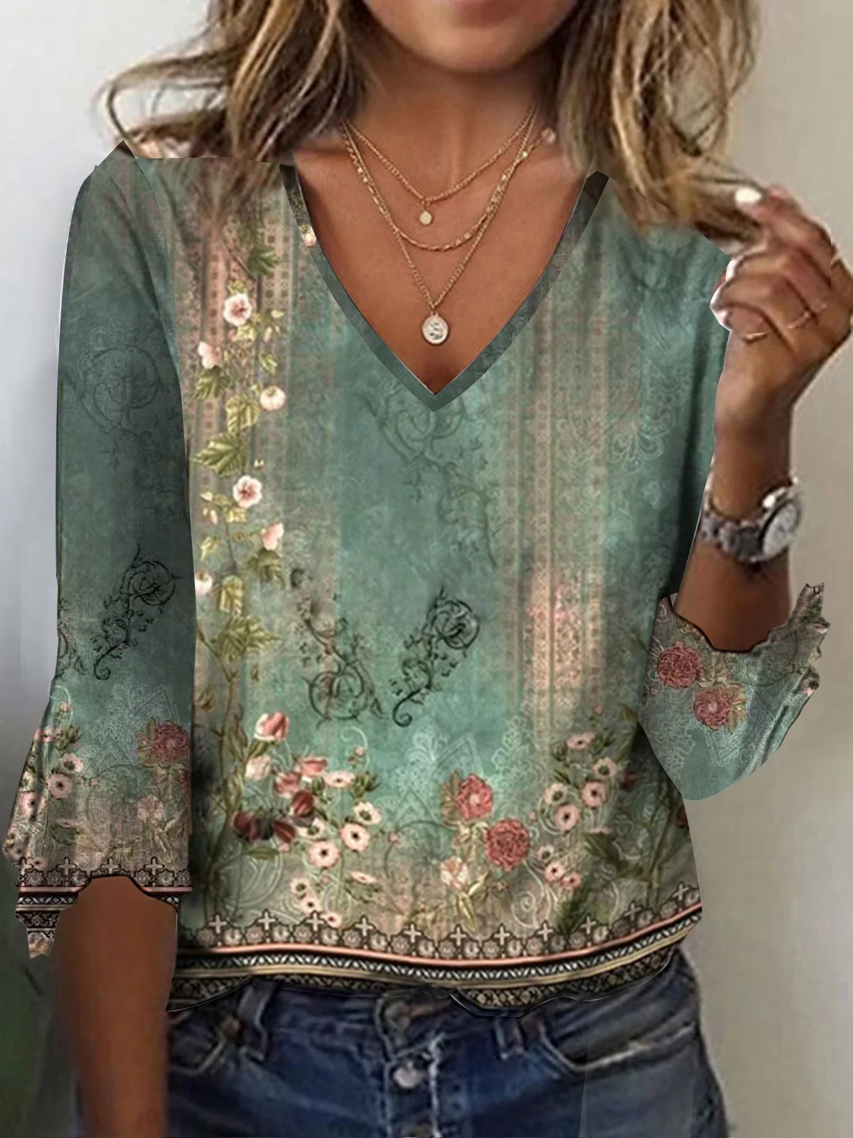 Ethnic Knitted Flare Sleeve Casual Blouse