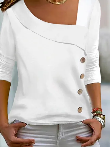 Asymmetrical Neck Buttoned Plain Casual Long Sleeve Blouse