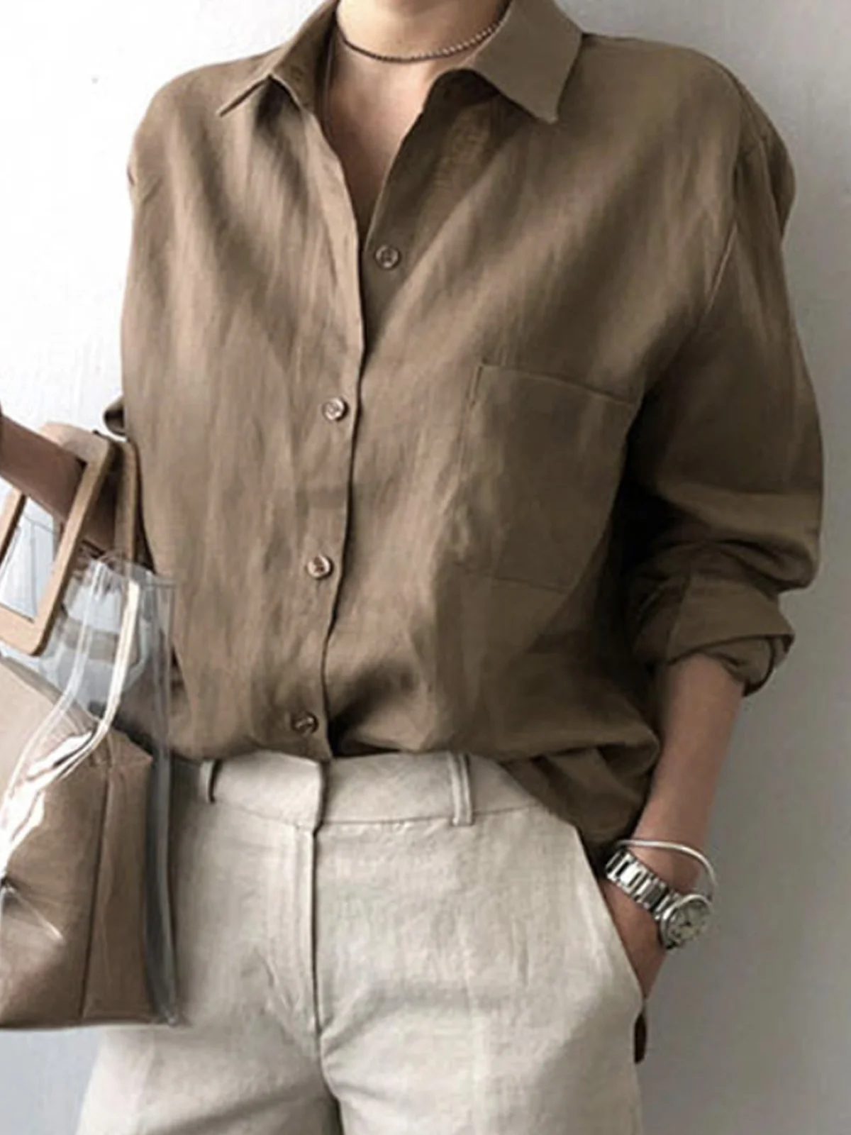 JFN Cotton & Linen Loose Plain Shirt Collar Casual Blouse