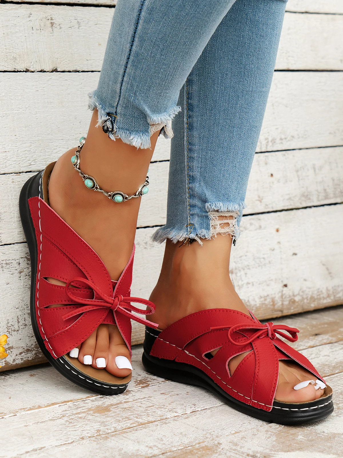 Casual Bowknot Hollow out Comfy Wedge Heel Slide Sandals | justfashionnow