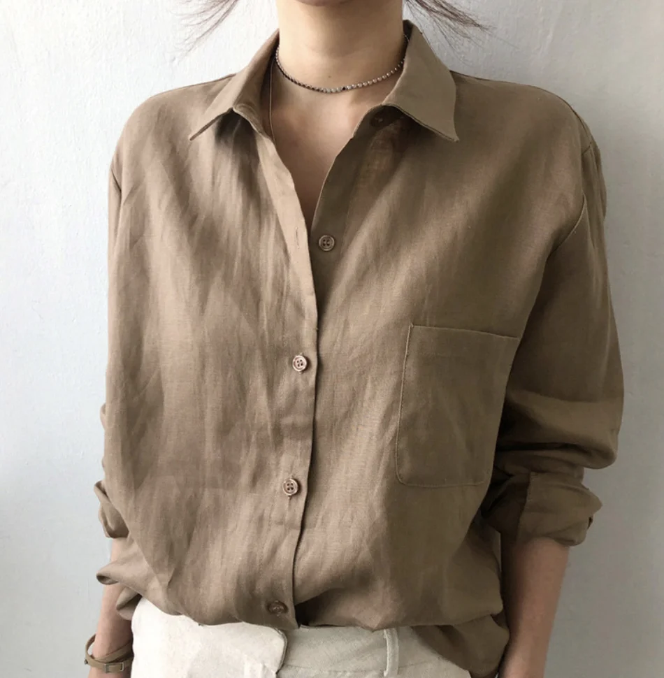 JFN Cotton & Linen Loose Plain Shirt Collar Casual Blouse