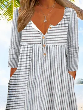 Half Open Collar Striped Casual Dress