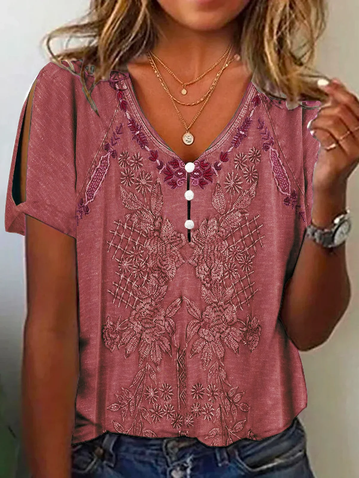 Casual V Neck Ethnic Buttoned Blouse