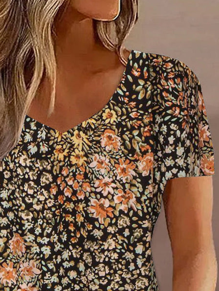 Loose V Neck Casual Floral Blouse
