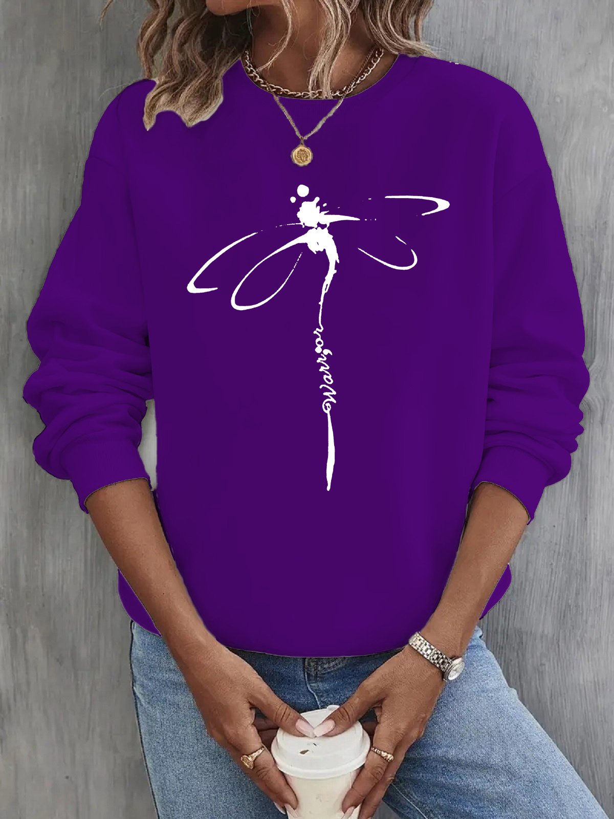 Retro Floral Dragonfly Pattern Print Casual Cotton Sweatshirt main image 0