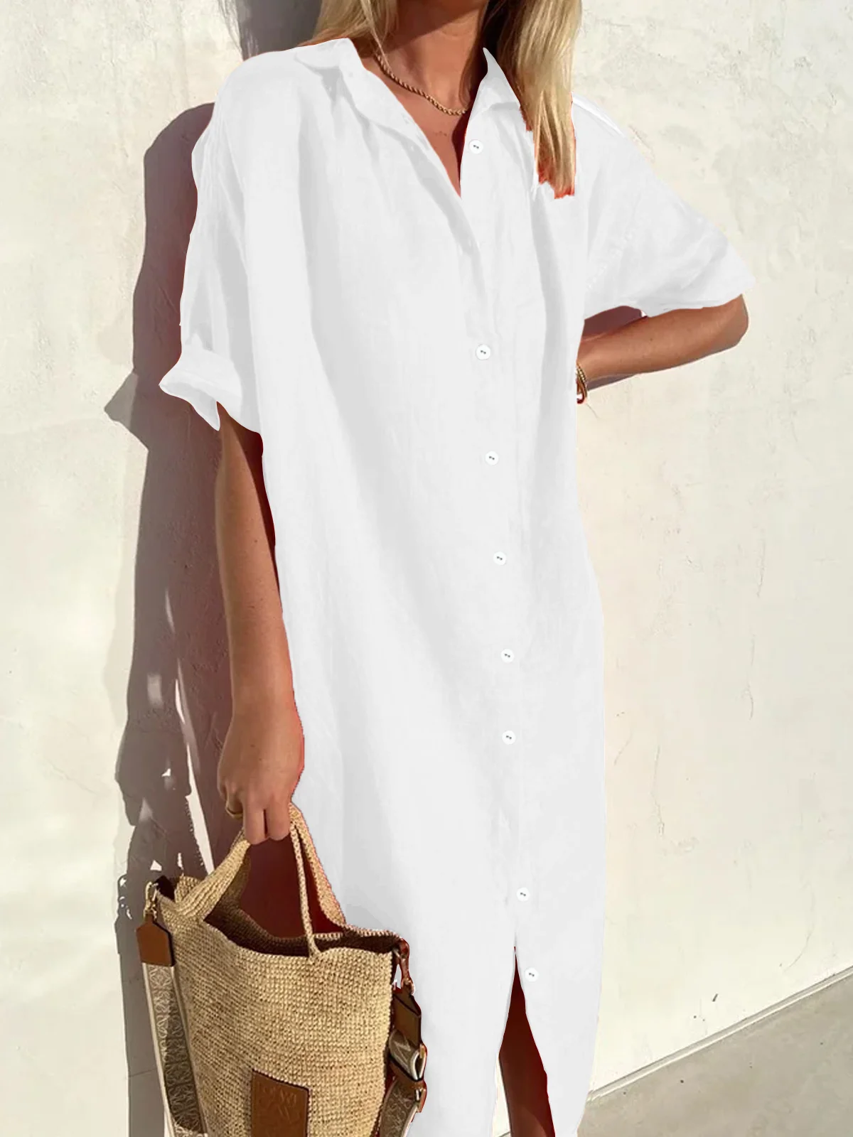 JFN Cotton & Linen Shirt Dress Half Sleeve Dress Maxi Button Down Dresses Spring Summer