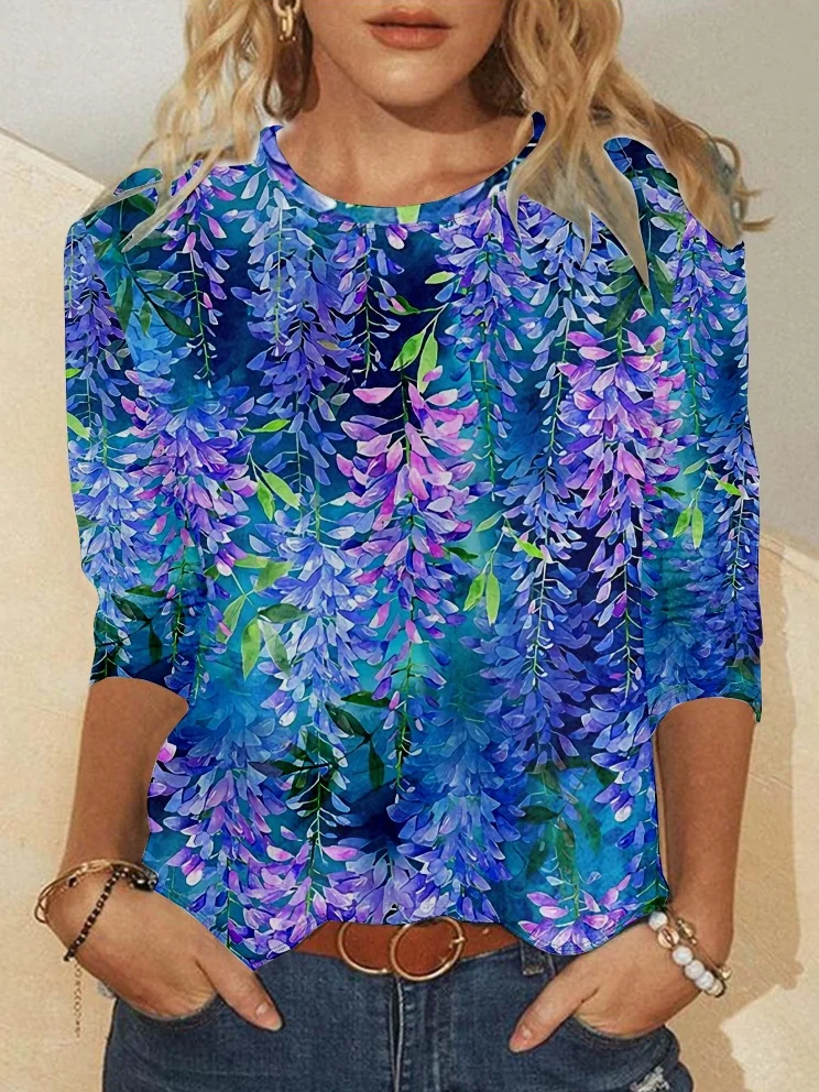 Women's Long Sleeve Blouse Spring/Fall Blue Floral Crew Neck Daily Going Out Simple Top