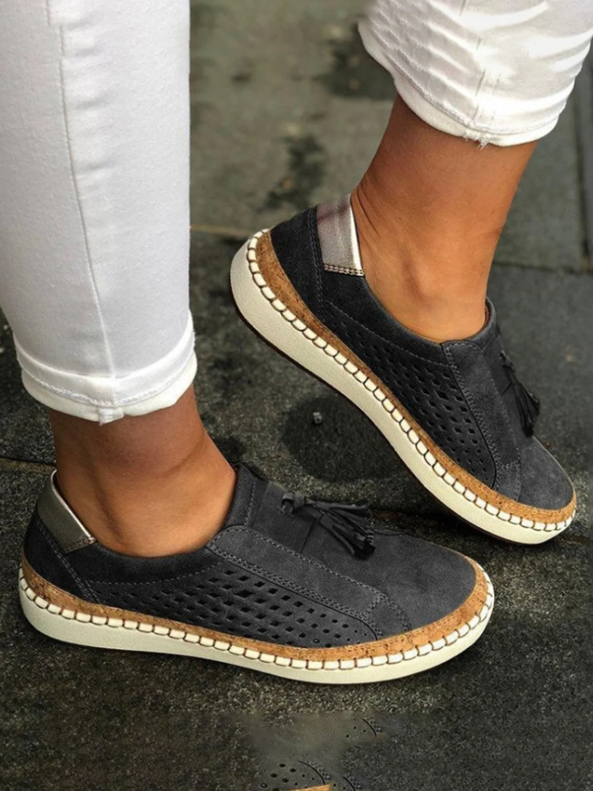 JFN  Slide Flat Heel Hollow-Out Round Toe Casual Women Breathable Sneakers