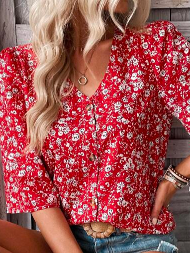 V Neck Loose Casual Floral Shirt