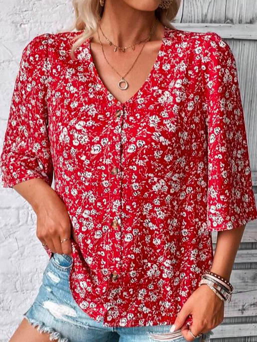 V Neck Loose Casual Floral Shirt