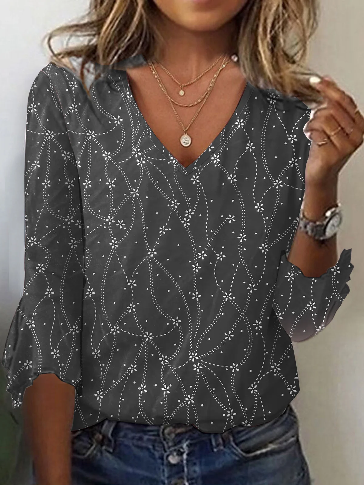 Christmas Three Quarter Sleeve Blouse V Neck Blouse