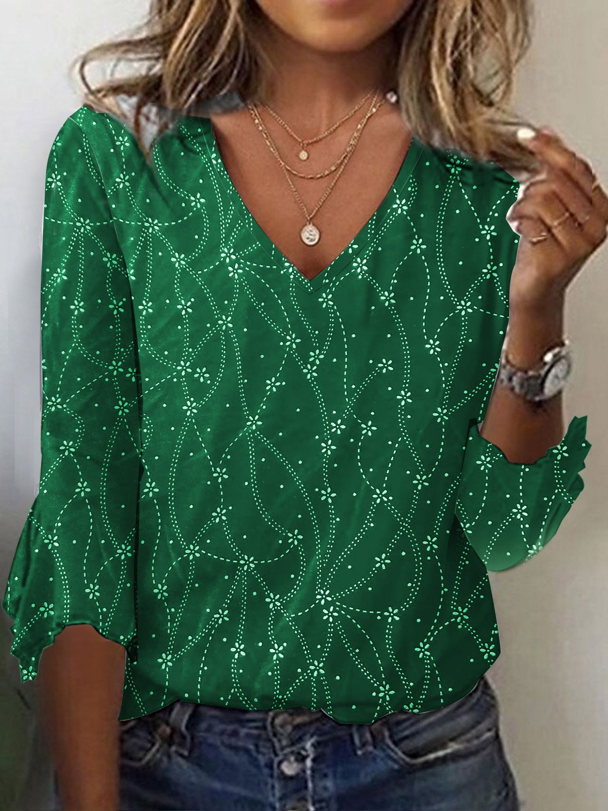 Christmas Three Quarter Sleeve Blouse V Neck Blouse